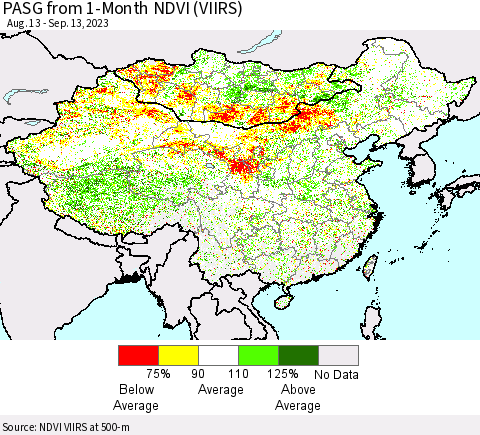 China, Mongolia and Taiwan PASG from 1-Month NDVI (VIIRS) Thematic Map For 9/6/2023 - 9/13/2023