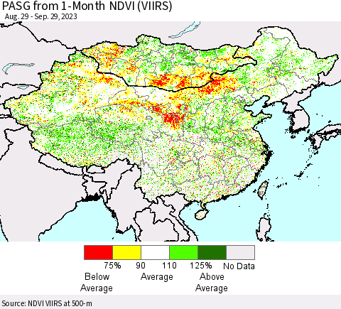 China, Mongolia and Taiwan PASG from 1-Month NDVI (VIIRS) Thematic Map For 9/22/2023 - 9/29/2023