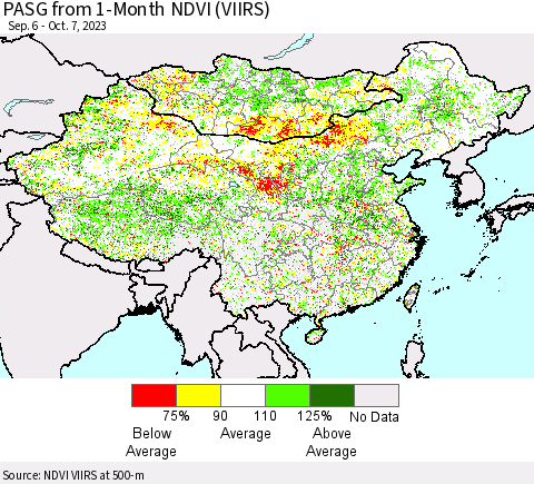 China, Mongolia and Taiwan PASG from 1-Month NDVI (VIIRS) Thematic Map For 9/30/2023 - 10/7/2023