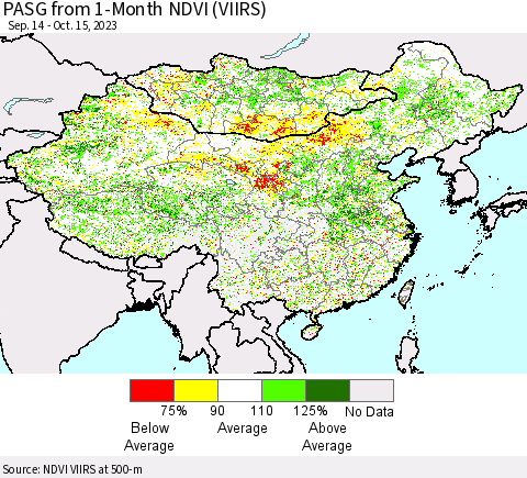 China, Mongolia and Taiwan PASG from 1-Month NDVI (VIIRS) Thematic Map For 10/8/2023 - 10/15/2023