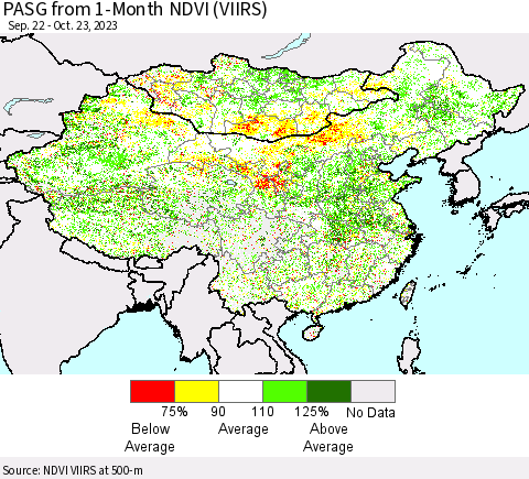 China, Mongolia and Taiwan PASG from 1-Month NDVI (VIIRS) Thematic Map For 10/16/2023 - 10/23/2023