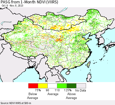 China, Mongolia and Taiwan PASG from 1-Month NDVI (VIIRS) Thematic Map For 11/1/2023 - 11/8/2023