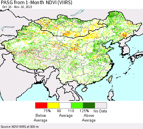 China, Mongolia and Taiwan PASG from 1-Month NDVI (VIIRS) Thematic Map For 11/9/2023 - 11/16/2023