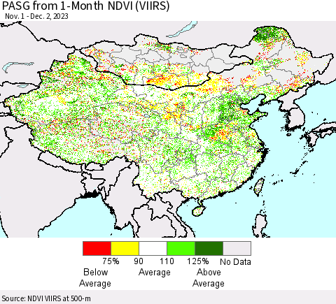 China, Mongolia and Taiwan PASG from 1-Month NDVI (VIIRS) Thematic Map For 11/25/2023 - 12/2/2023