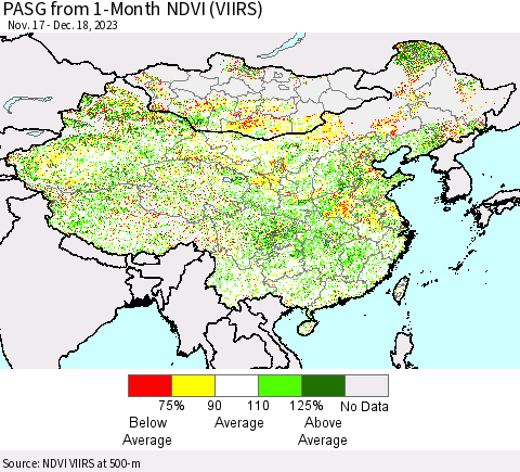 China, Mongolia and Taiwan PASG from 1-Month NDVI (VIIRS) Thematic Map For 12/11/2023 - 12/18/2023