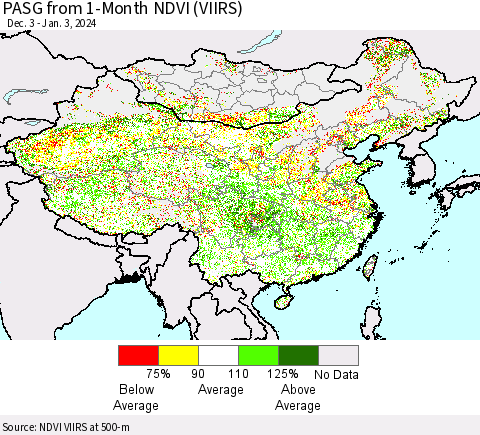 China, Mongolia and Taiwan PASG from 1-Month NDVI (VIIRS) Thematic Map For 12/27/2023 - 1/3/2024