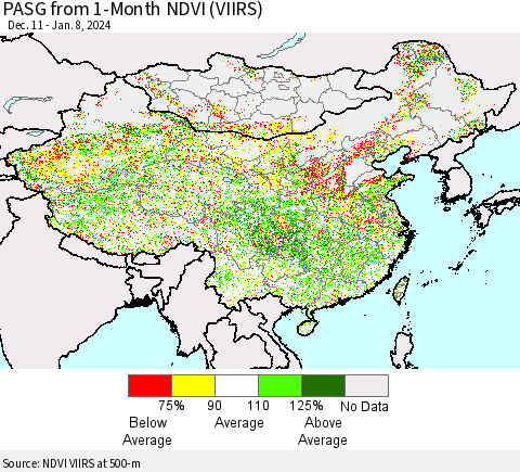 China, Mongolia and Taiwan PASG from 1-Month NDVI (VIIRS) Thematic Map For 1/1/2024 - 1/8/2024