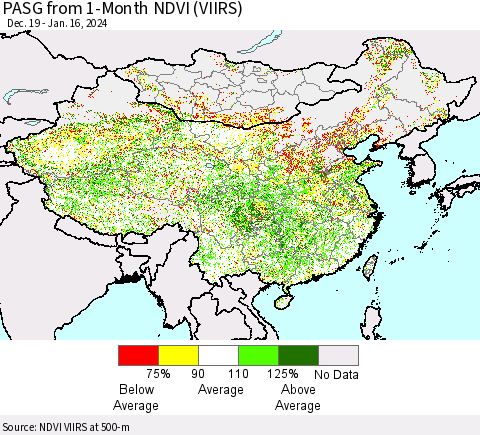 China, Mongolia and Taiwan PASG from 1-Month NDVI (VIIRS) Thematic Map For 1/9/2024 - 1/16/2024