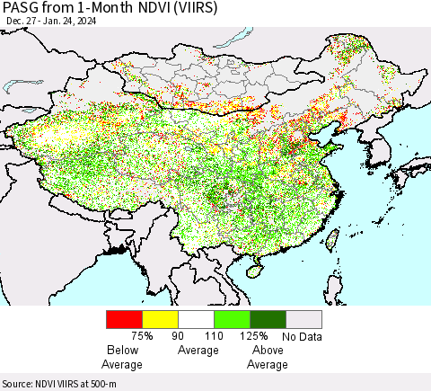 China, Mongolia and Taiwan PASG from 1-Month NDVI (VIIRS) Thematic Map For 1/17/2024 - 1/24/2024