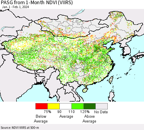 China, Mongolia and Taiwan PASG from 1-Month NDVI (VIIRS) Thematic Map For 1/25/2024 - 2/1/2024