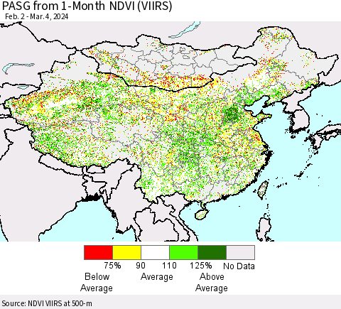China, Mongolia and Taiwan PASG from 1-Month NDVI (VIIRS) Thematic Map For 2/26/2024 - 3/4/2024