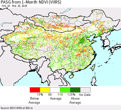 China, Mongolia and Taiwan PASG from 1-Month NDVI (VIIRS) Thematic Map For 3/13/2024 - 3/20/2024