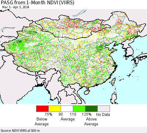 China, Mongolia and Taiwan PASG from 1-Month NDVI (VIIRS) Thematic Map For 3/29/2024 - 4/5/2024