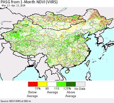 China, Mongolia and Taiwan PASG from 1-Month NDVI (VIIRS) Thematic Map For 4/6/2024 - 4/13/2024
