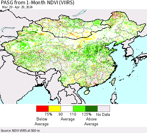 China, Mongolia and Taiwan PASG from 1-Month NDVI (VIIRS) Thematic Map For 4/22/2024 - 4/29/2024