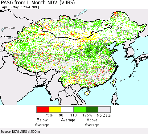 China, Mongolia and Taiwan PASG from 1-Month NDVI (VIIRS) Thematic Map For 4/30/2024 - 5/7/2024