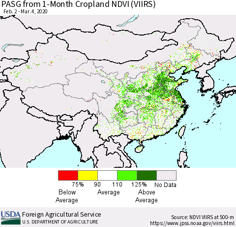 China, Mongolia and Taiwan PASG from 1-Month Cropland NDVI (VIIRS) Thematic Map For 3/1/2020 - 3/10/2020