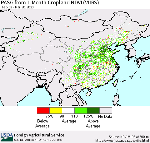 China, Mongolia and Taiwan PASG from 1-Month Cropland NDVI (VIIRS) Thematic Map For 3/11/2020 - 3/20/2020