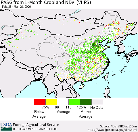 China, Mongolia and Taiwan PASG from 1-Month Cropland NDVI (VIIRS) Thematic Map For 3/21/2020 - 3/31/2020