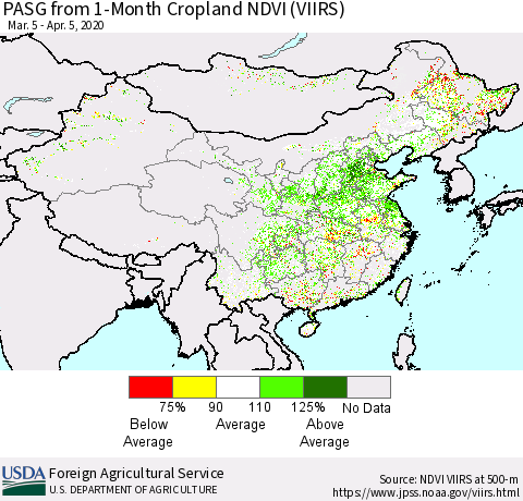 China, Mongolia and Taiwan PASG from 1-Month Cropland NDVI (VIIRS) Thematic Map For 4/1/2020 - 4/10/2020