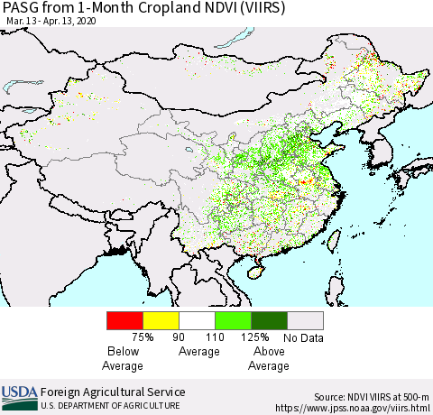 China, Mongolia and Taiwan PASG from 1-Month Cropland NDVI (VIIRS) Thematic Map For 4/11/2020 - 4/20/2020