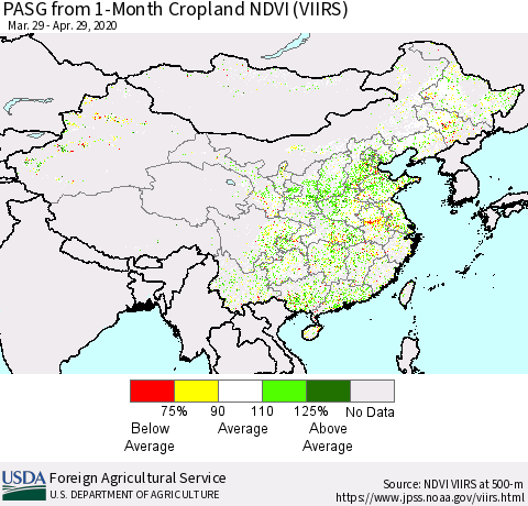 China, Mongolia and Taiwan PASG from 1-Month Cropland NDVI (VIIRS) Thematic Map For 4/21/2020 - 4/30/2020