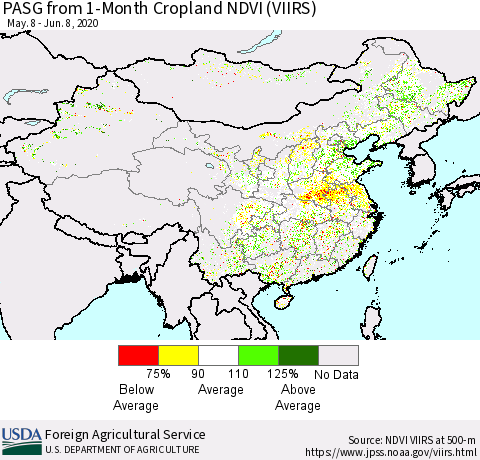 China, Mongolia and Taiwan PASG from 1-Month Cropland NDVI (VIIRS) Thematic Map For 6/1/2020 - 6/10/2020