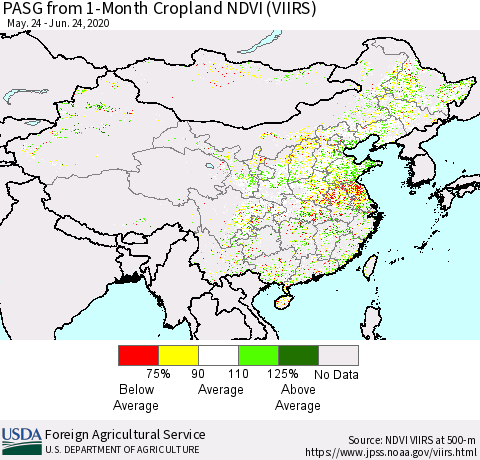 China, Mongolia and Taiwan PASG from 1-Month Cropland NDVI (VIIRS) Thematic Map For 6/21/2020 - 6/30/2020