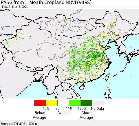 China, Mongolia and Taiwan PASG from 1-Month Cropland NDVI (VIIRS) Thematic Map For 2/26/2021 - 3/5/2021