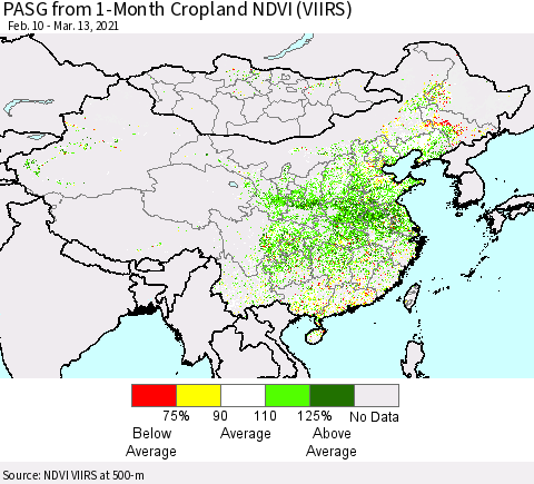 China, Mongolia and Taiwan PASG from 1-Month Cropland NDVI (VIIRS) Thematic Map For 3/6/2021 - 3/13/2021