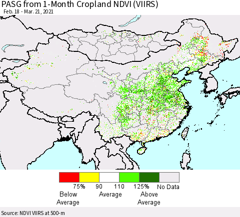China, Mongolia and Taiwan PASG from 1-Month Cropland NDVI (VIIRS) Thematic Map For 3/14/2021 - 3/21/2021