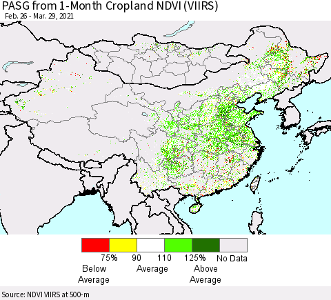 China, Mongolia and Taiwan PASG from 1-Month Cropland NDVI (VIIRS) Thematic Map For 3/22/2021 - 3/29/2021