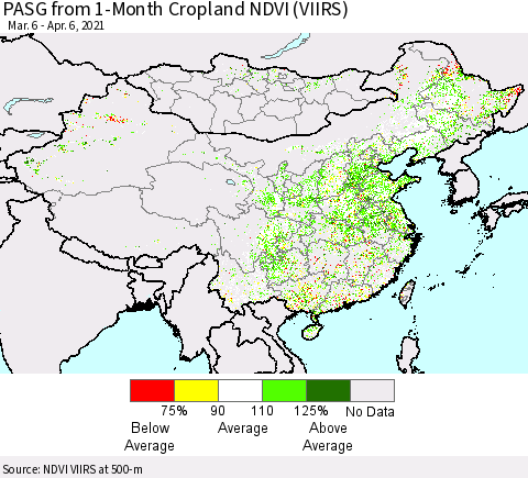 China, Mongolia and Taiwan PASG from 1-Month Cropland NDVI (VIIRS) Thematic Map For 3/30/2021 - 4/6/2021