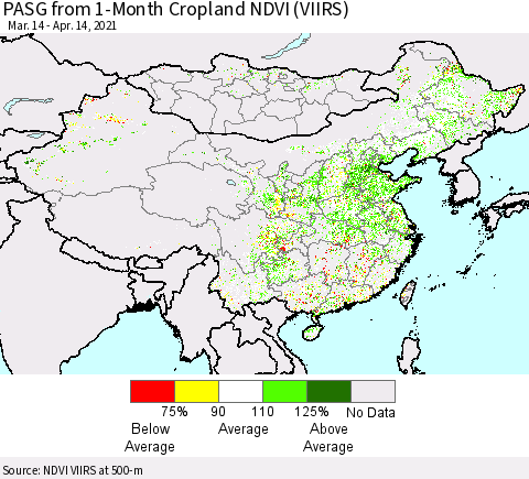 China, Mongolia and Taiwan PASG from 1-Month Cropland NDVI (VIIRS) Thematic Map For 4/7/2021 - 4/14/2021