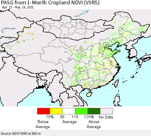 China, Mongolia and Taiwan PASG from 1-Month Cropland NDVI (VIIRS) Thematic Map For 5/9/2021 - 5/16/2021