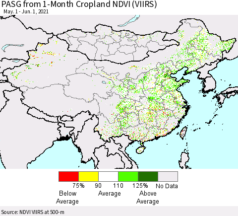 China, Mongolia and Taiwan PASG from 1-Month Cropland NDVI (VIIRS) Thematic Map For 5/25/2021 - 6/1/2021