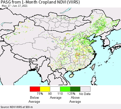 China, Mongolia and Taiwan PASG from 1-Month Cropland NDVI (VIIRS) Thematic Map For 6/10/2021 - 6/17/2021