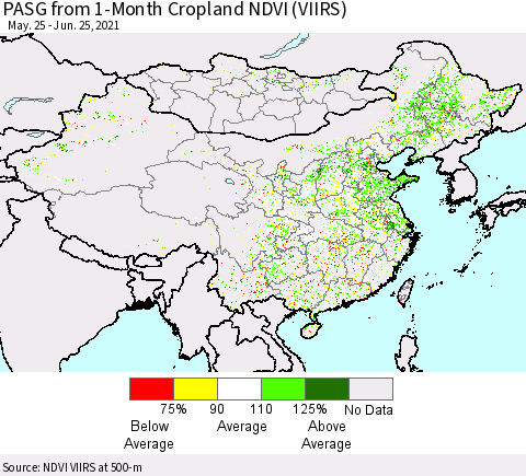 China, Mongolia and Taiwan PASG from 1-Month Cropland NDVI (VIIRS) Thematic Map For 6/18/2021 - 6/25/2021