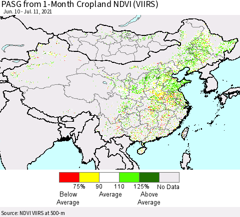 China, Mongolia and Taiwan PASG from 1-Month Cropland NDVI (VIIRS) Thematic Map For 7/4/2021 - 7/11/2021