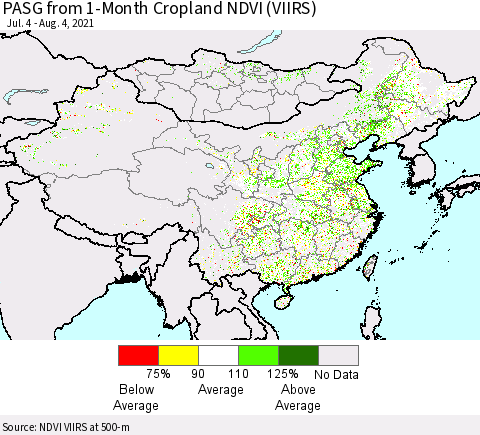 China, Mongolia and Taiwan PASG from 1-Month Cropland NDVI (VIIRS) Thematic Map For 7/28/2021 - 8/4/2021