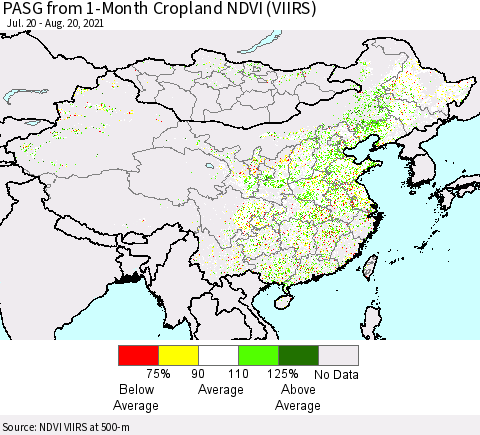 China, Mongolia and Taiwan PASG from 1-Month Cropland NDVI (VIIRS) Thematic Map For 8/13/2021 - 8/20/2021