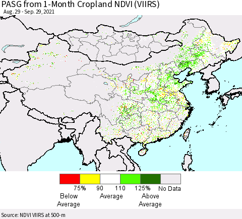China, Mongolia and Taiwan PASG from 1-Month Cropland NDVI (VIIRS) Thematic Map For 9/22/2021 - 9/29/2021