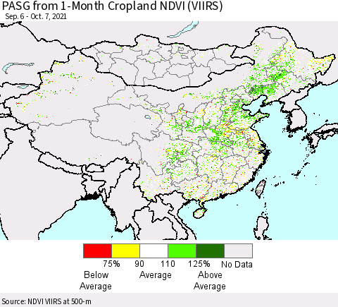 China, Mongolia and Taiwan PASG from 1-Month Cropland NDVI (VIIRS) Thematic Map For 9/30/2021 - 10/7/2021