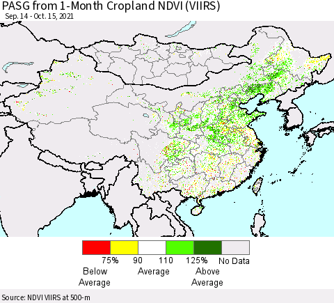 China, Mongolia and Taiwan PASG from 1-Month Cropland NDVI (VIIRS) Thematic Map For 10/8/2021 - 10/15/2021