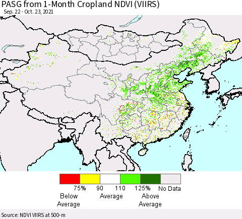 China, Mongolia and Taiwan PASG from 1-Month Cropland NDVI (VIIRS) Thematic Map For 10/16/2021 - 10/23/2021