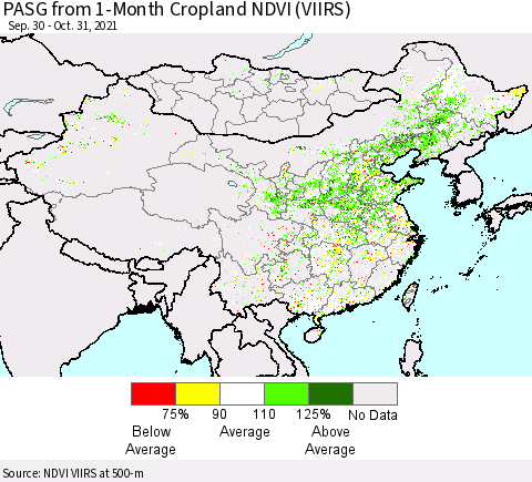 China, Mongolia and Taiwan PASG from 1-Month Cropland NDVI (VIIRS) Thematic Map For 10/24/2021 - 10/31/2021