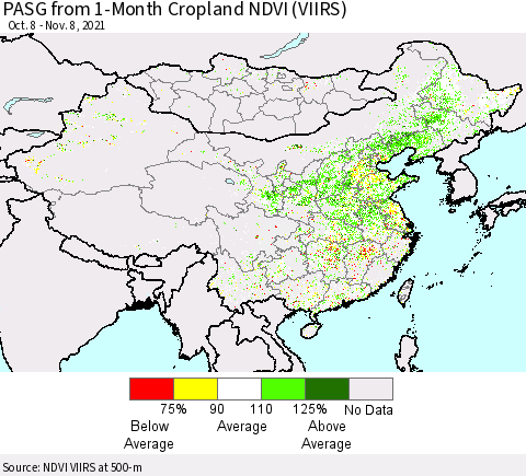 China, Mongolia and Taiwan PASG from 1-Month Cropland NDVI (VIIRS) Thematic Map For 11/1/2021 - 11/8/2021