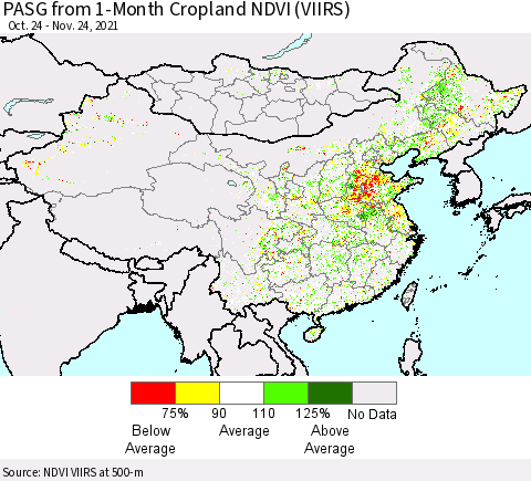 China, Mongolia and Taiwan PASG from 1-Month Cropland NDVI (VIIRS) Thematic Map For 11/17/2021 - 11/24/2021