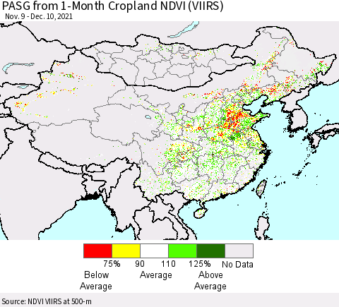 China, Mongolia and Taiwan PASG from 1-Month Cropland NDVI (VIIRS) Thematic Map For 12/3/2021 - 12/10/2021
