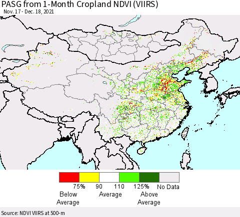 China, Mongolia and Taiwan PASG from 1-Month Cropland NDVI (VIIRS) Thematic Map For 12/11/2021 - 12/18/2021